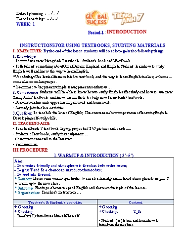 Giáo án cả năm Tiếng Anh Lớp 7 Global Success