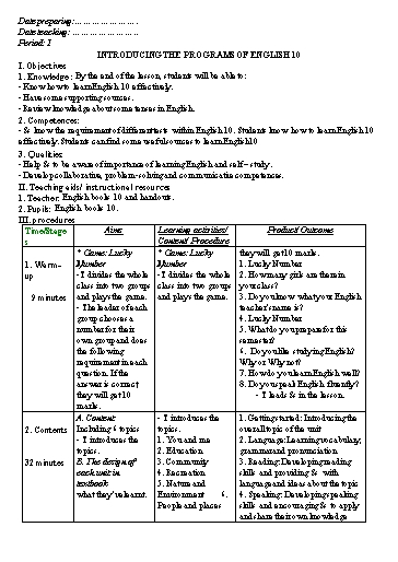 Giáo án học kì 1 môn Tiếng Anh Lớp 10 sách Global Success