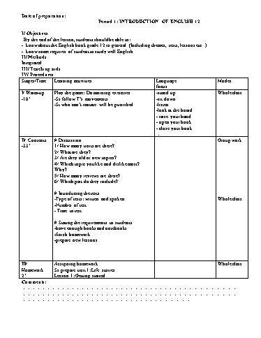 Giáo án học kì 1 môn Tiếng Anh Lớp 12 Sách mới