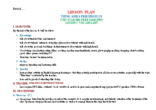 KHBD cả năm Tiếng Anh 6 Friends Plus