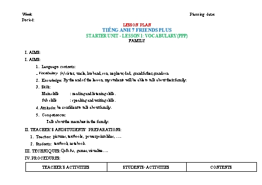 KHBD cả năm Tiếng Anh Lớp 7 Friends Plus