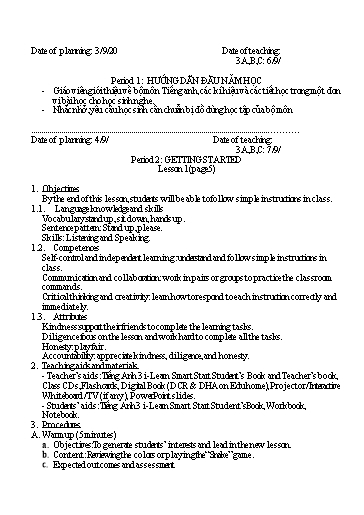 KHBD học kì 1 môn Tiếng Anh Lớp 3 sách I Learn Smart Start