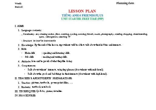 KHBD theo Công văn 5512 Tiếng Anh 6 Friends Plus cả năm